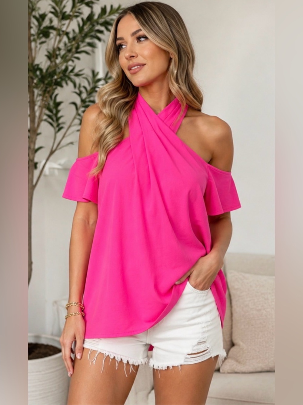 Rachel Rachel Roy Neon Pink Cold Shoulder Halter Blouse Size 2 NWT $89